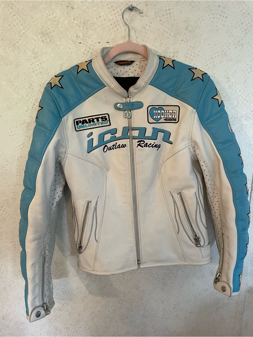 00’s ICON Women's kitty White and Teal Leather Racing Jacket